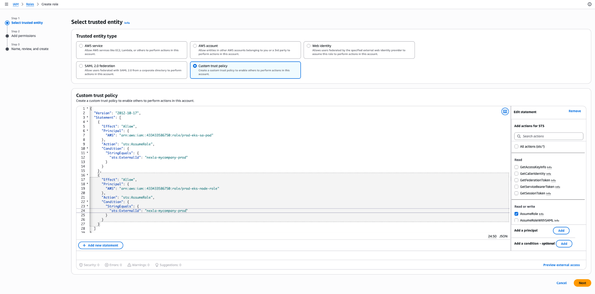 AWS IAM console — Select trusted entity with Custom trust policy selected
