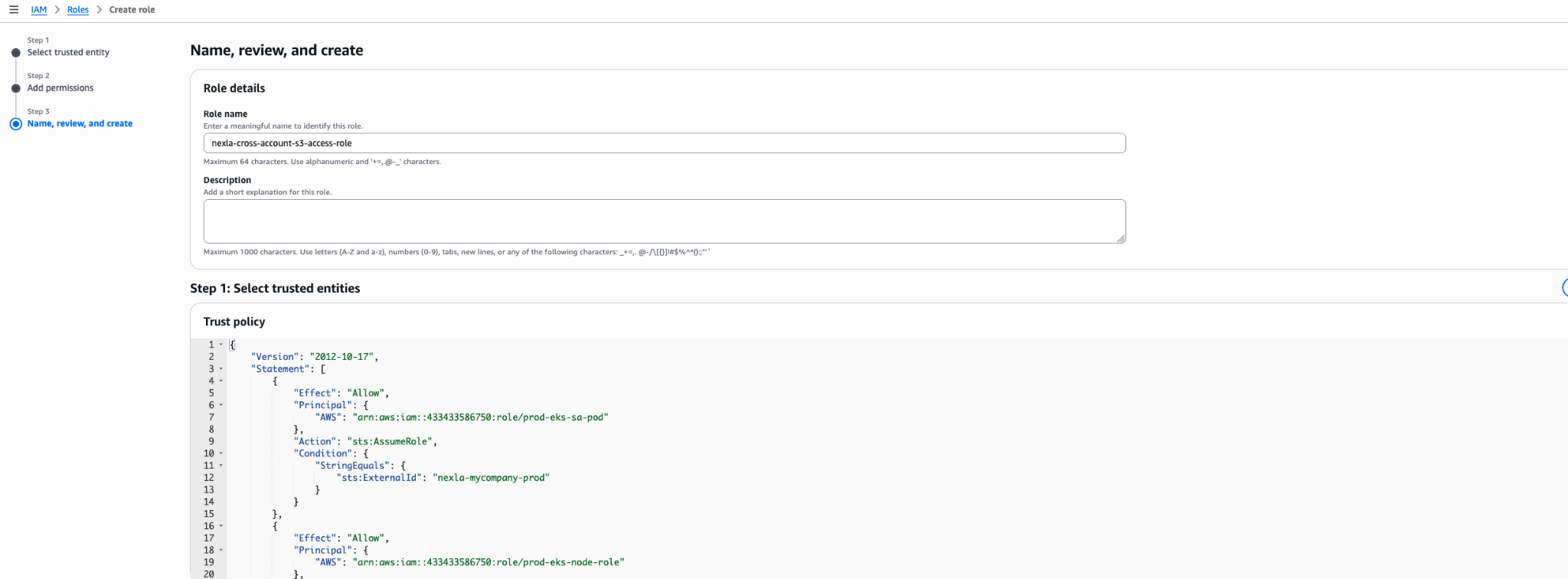 AWS IAM — Name, review, and create role page