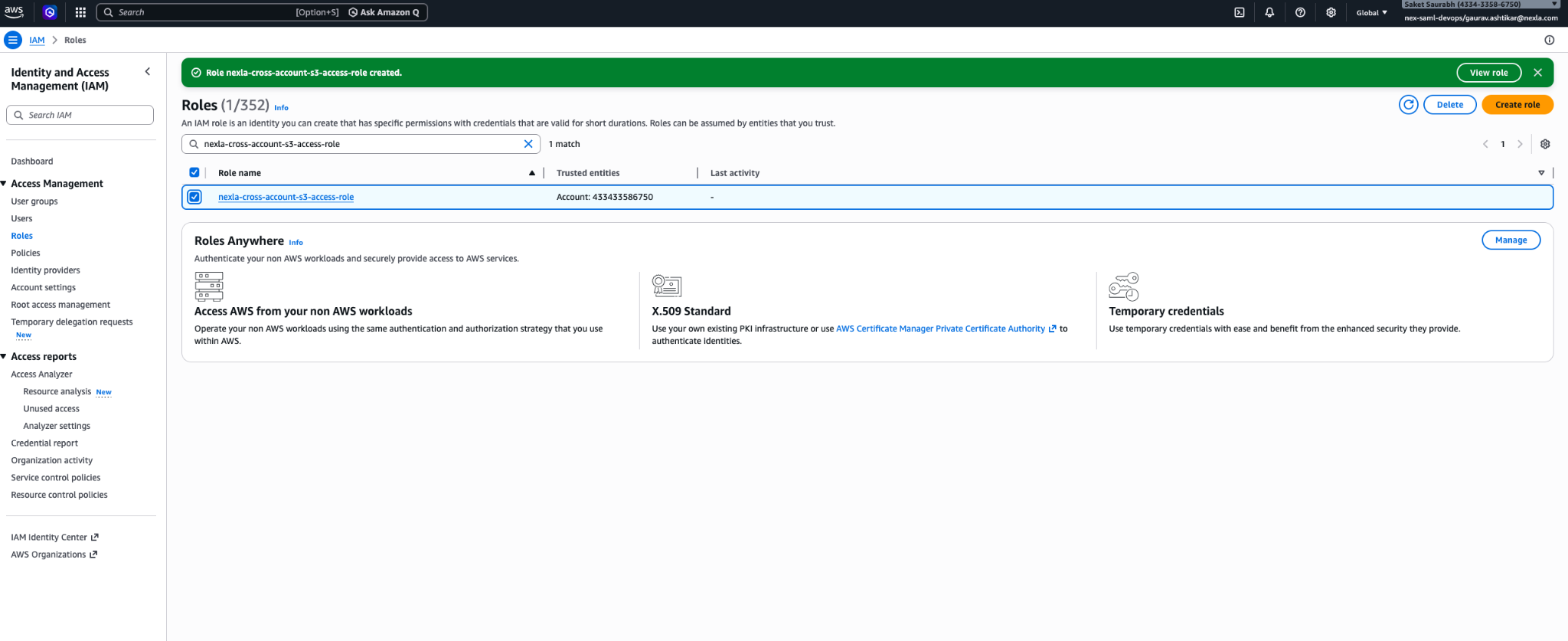 AWS IAM — Roles list showing the newly created role