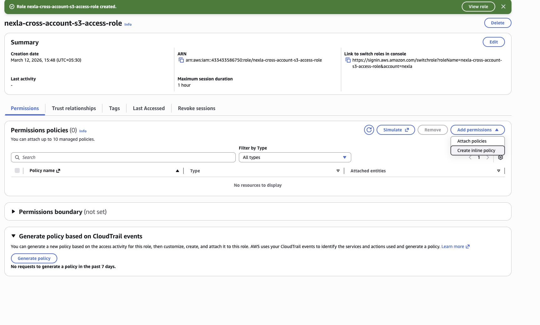 AWS IAM — Role permissions tab showing Add permissions > Create inline policy