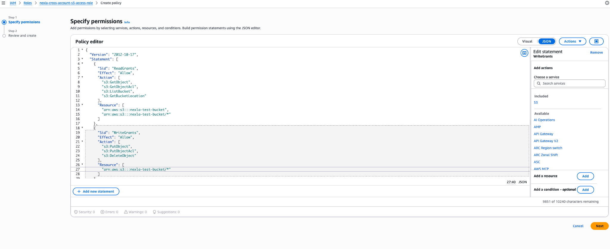 AWS IAM — Policy JSON editor with S3 permissions