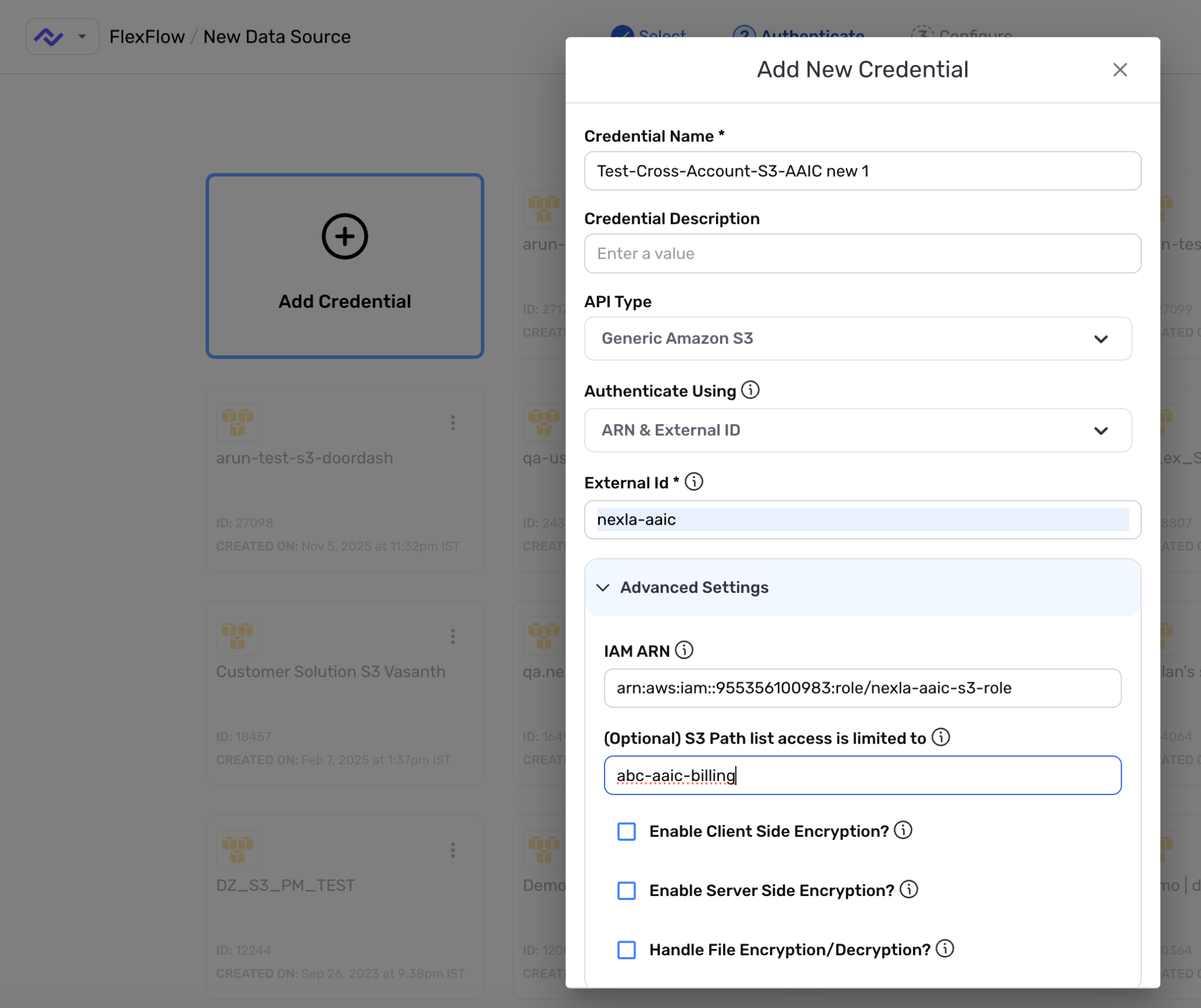 Nexla UI — Add New Credential overlay with ARN &amp; External ID authentication selected