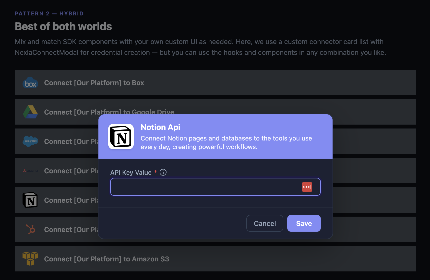 Hybrid — custom list with SDK modal