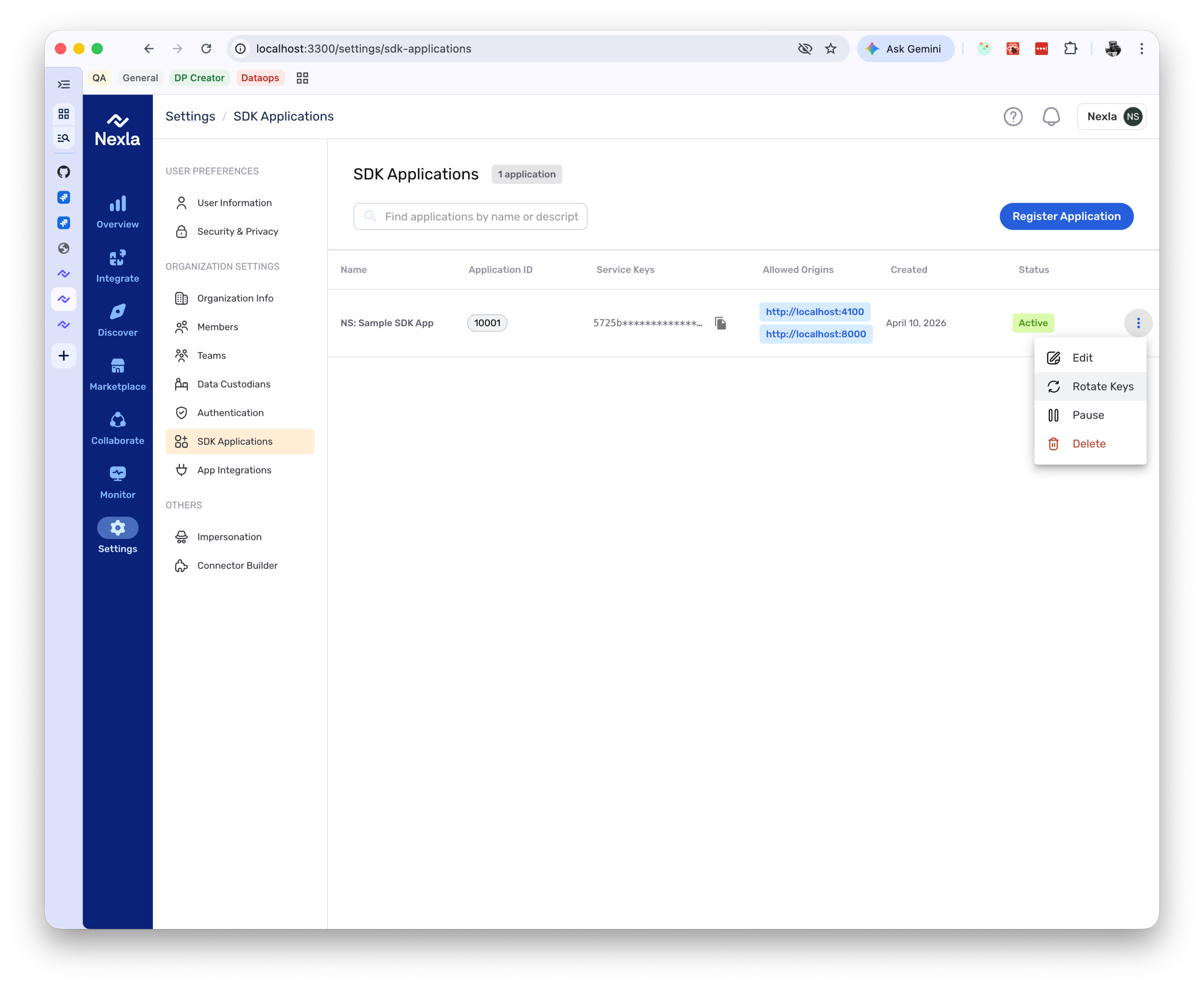 SDK Application row actions menu