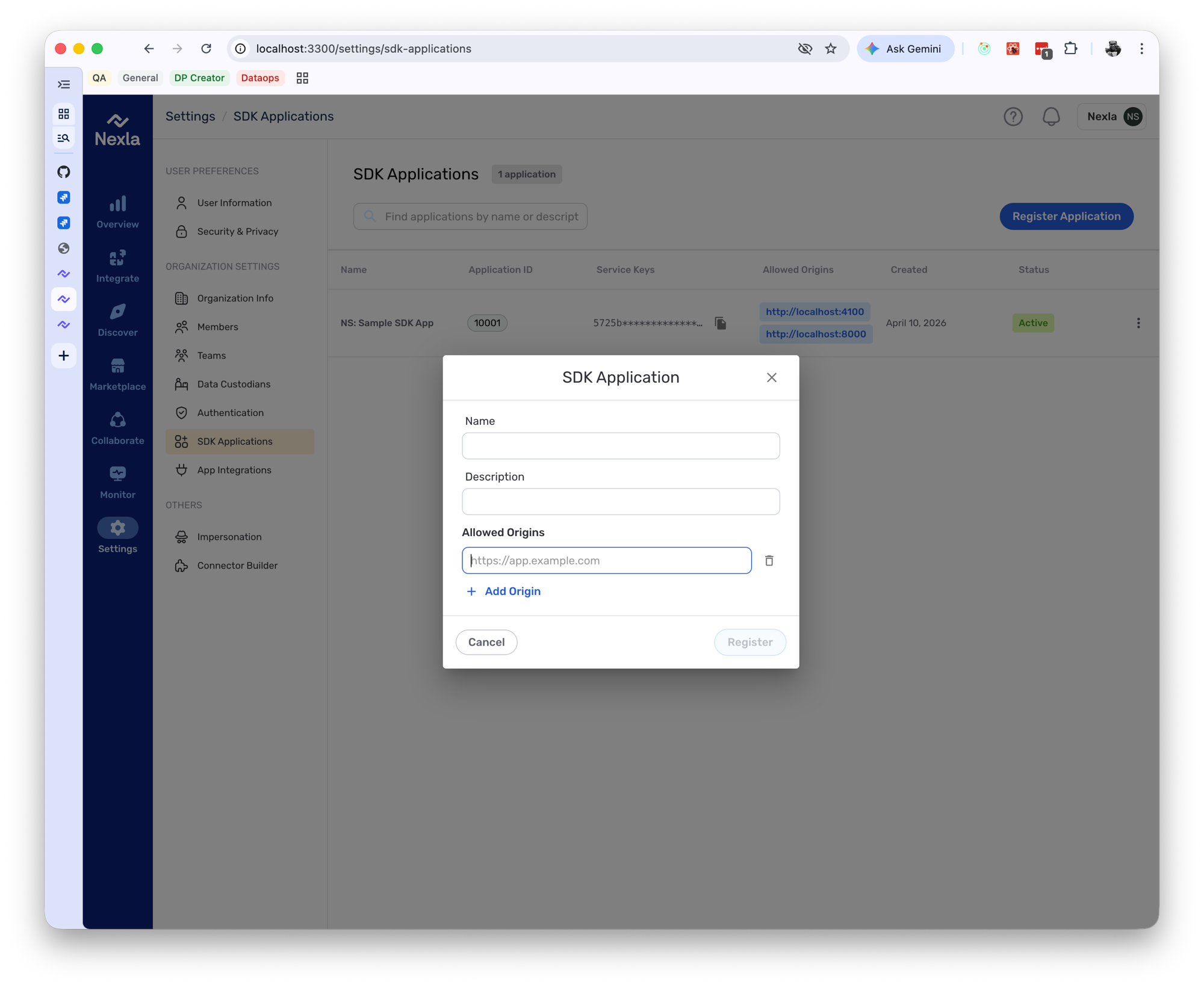 Register SDK Application dialog