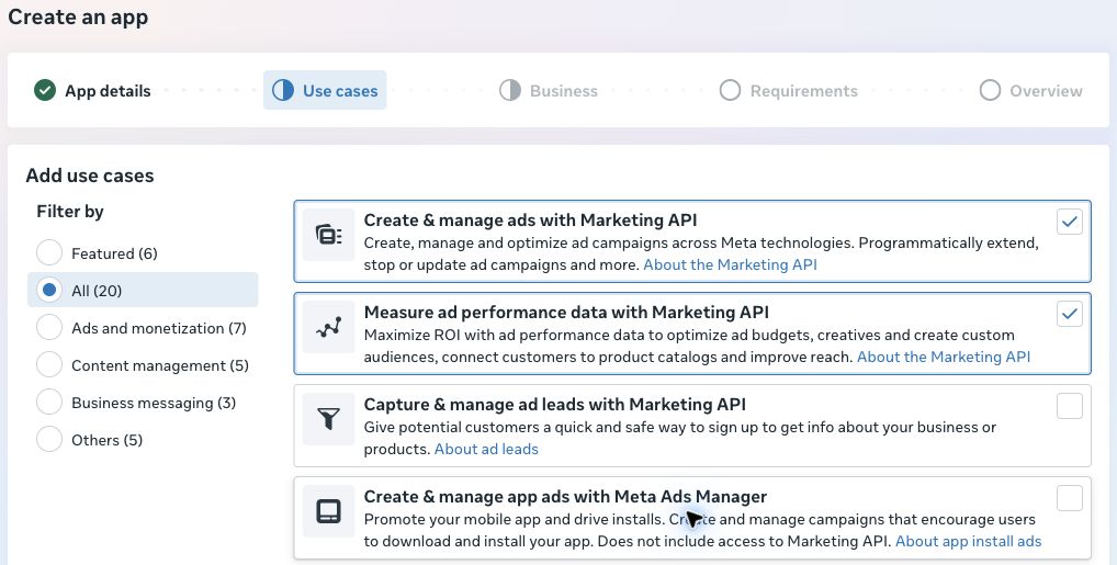 Meta app creation with the Create and manage ads and Measure ad performance Marketing API use cases selected.