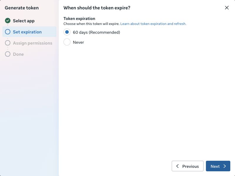 Generate token dialog with the recommended 60-day expiration selected and Never as an alternative.