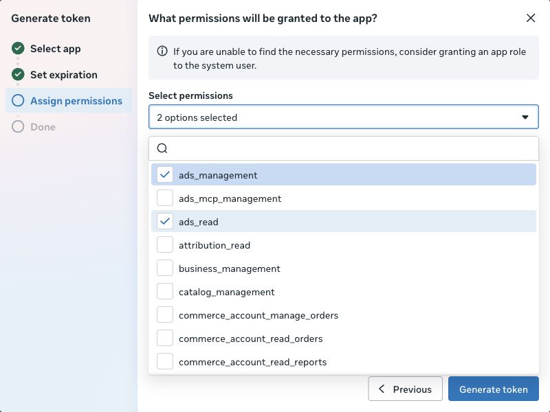 Token permission selector with ads_read and ads_management selected.