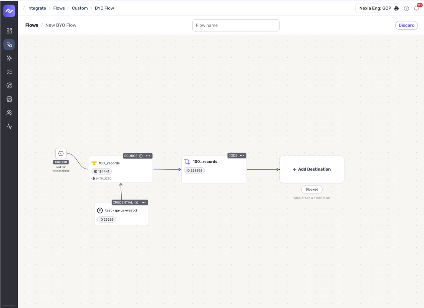 Canvas after the code is saved, with the Code node configured and Add Destination unlocked