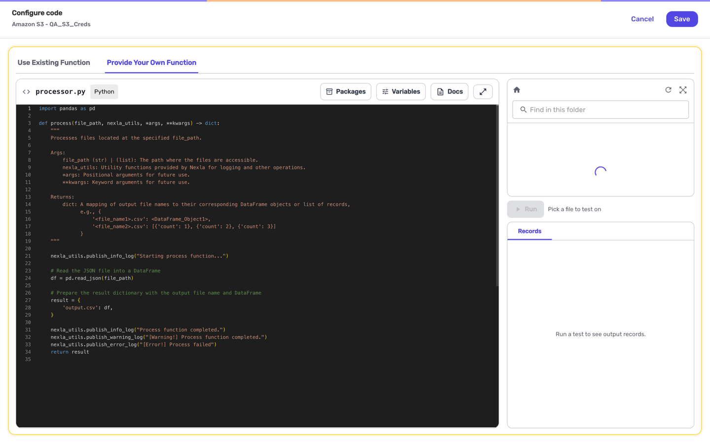 Configure code screen with the editor, toolbar, and Test panel