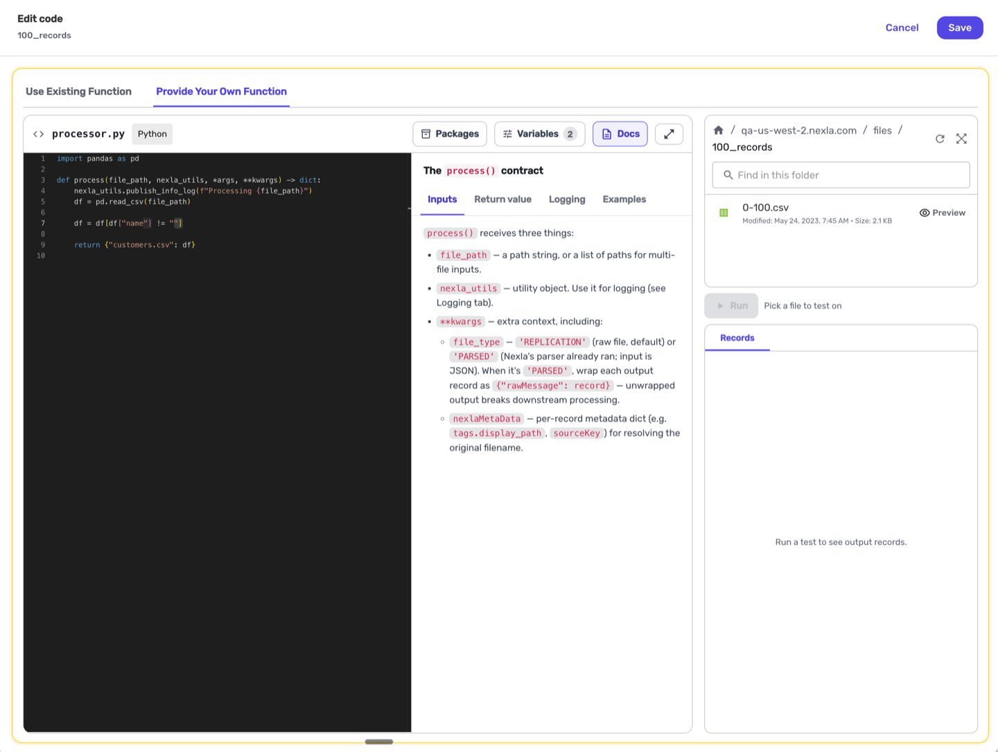 Docs panel open beside the code editor
