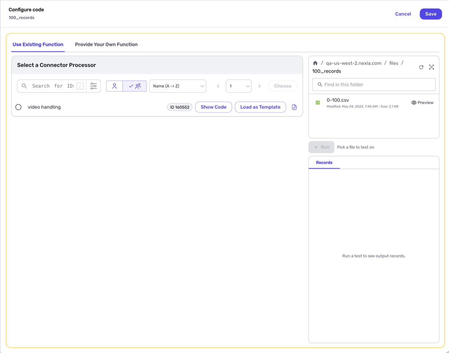 Use Existing Function tab listing saved connector processors