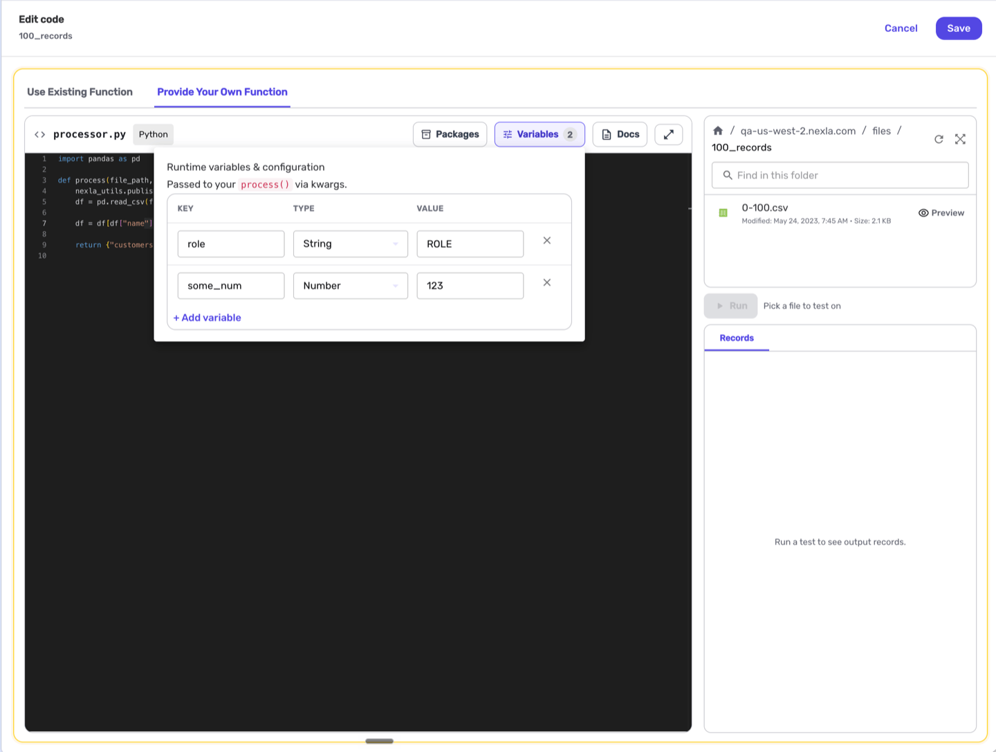 Runtime variables panel with Key, Type, and Value columns