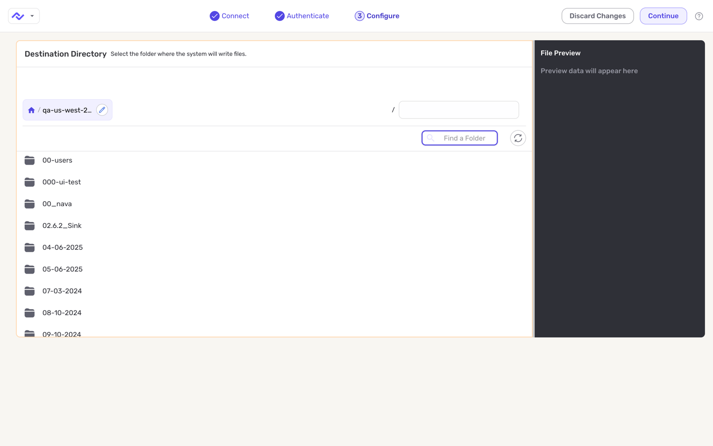 Destination Configure screen with the Destination Directory folder browser