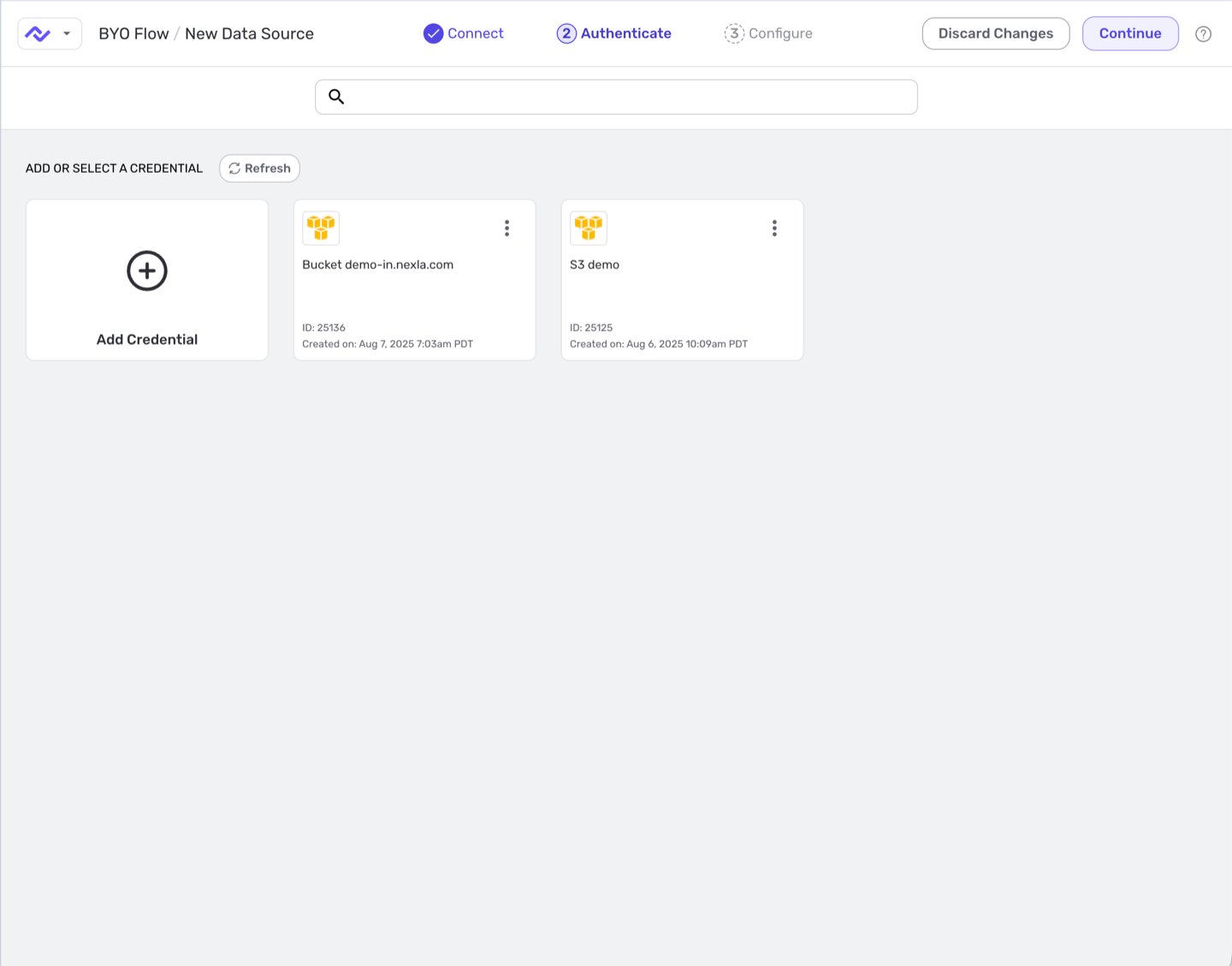 Authenticate screen for selecting or adding a credential