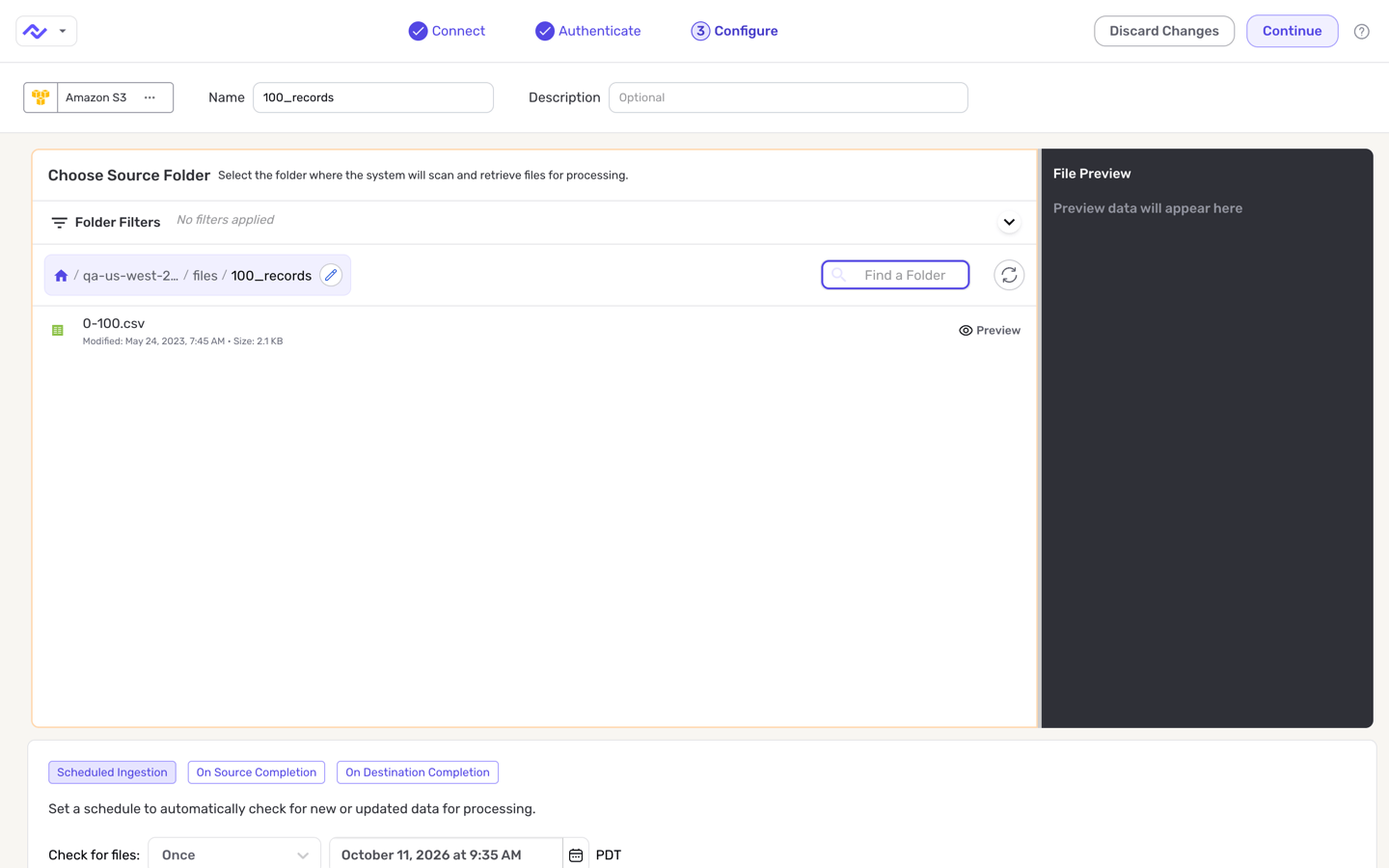 Source Configure screen with the folder browser and schedule settings