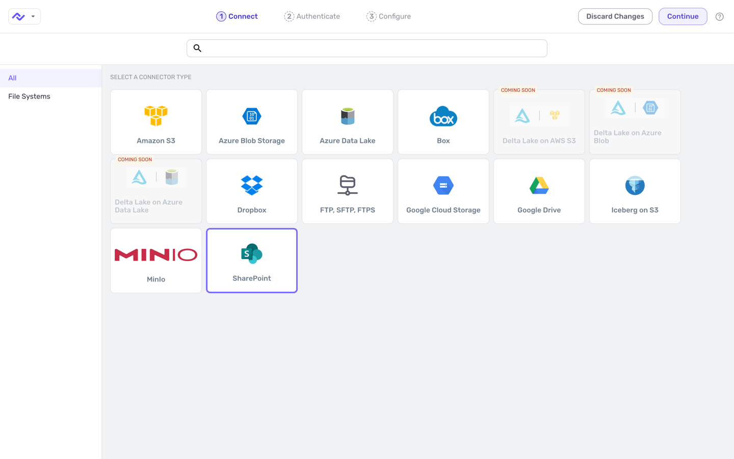 Connect screen listing the file-system connectors available for BYO flows