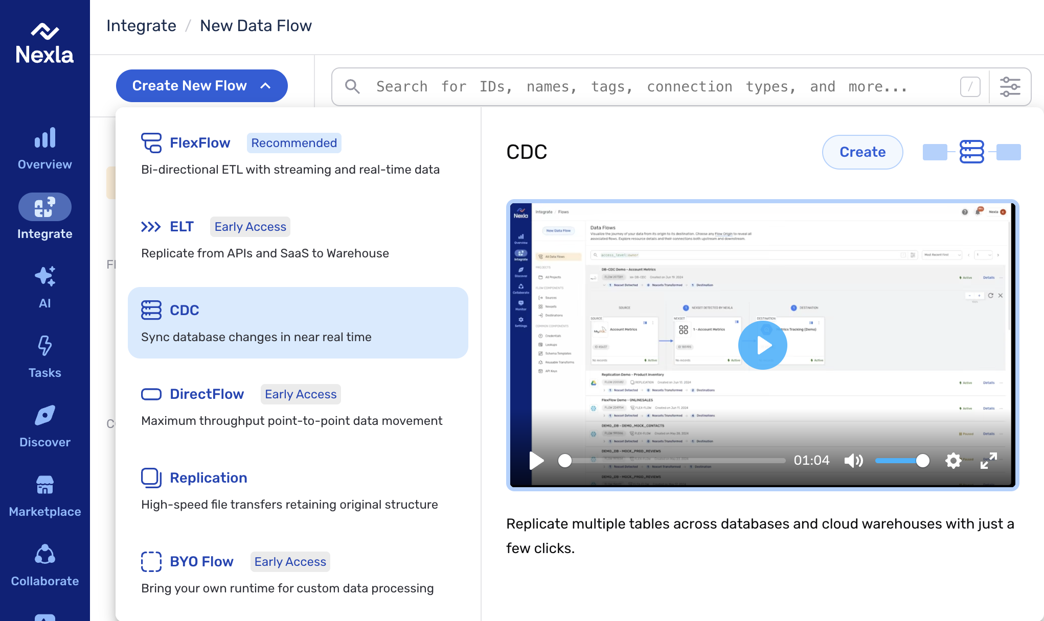 Select CDC in the Create New Flow panel