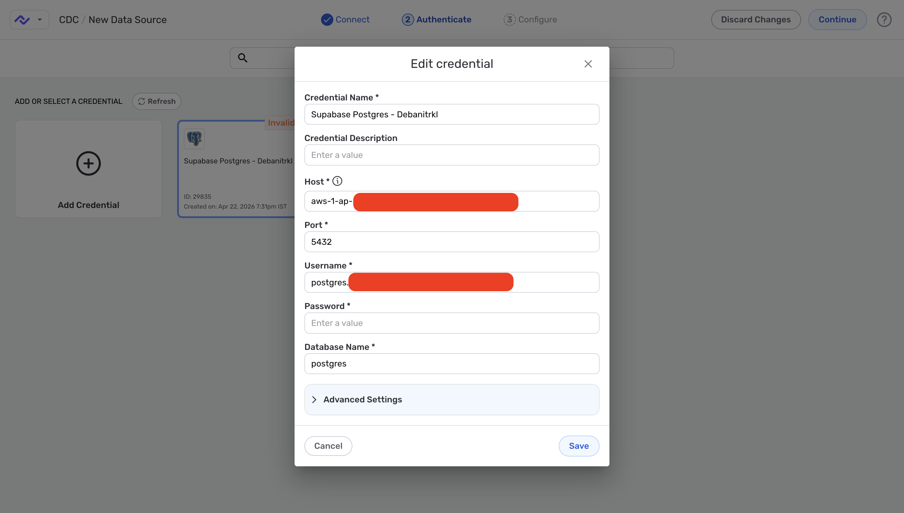 PostgreSQL credential with host, port, username, and database fields populated