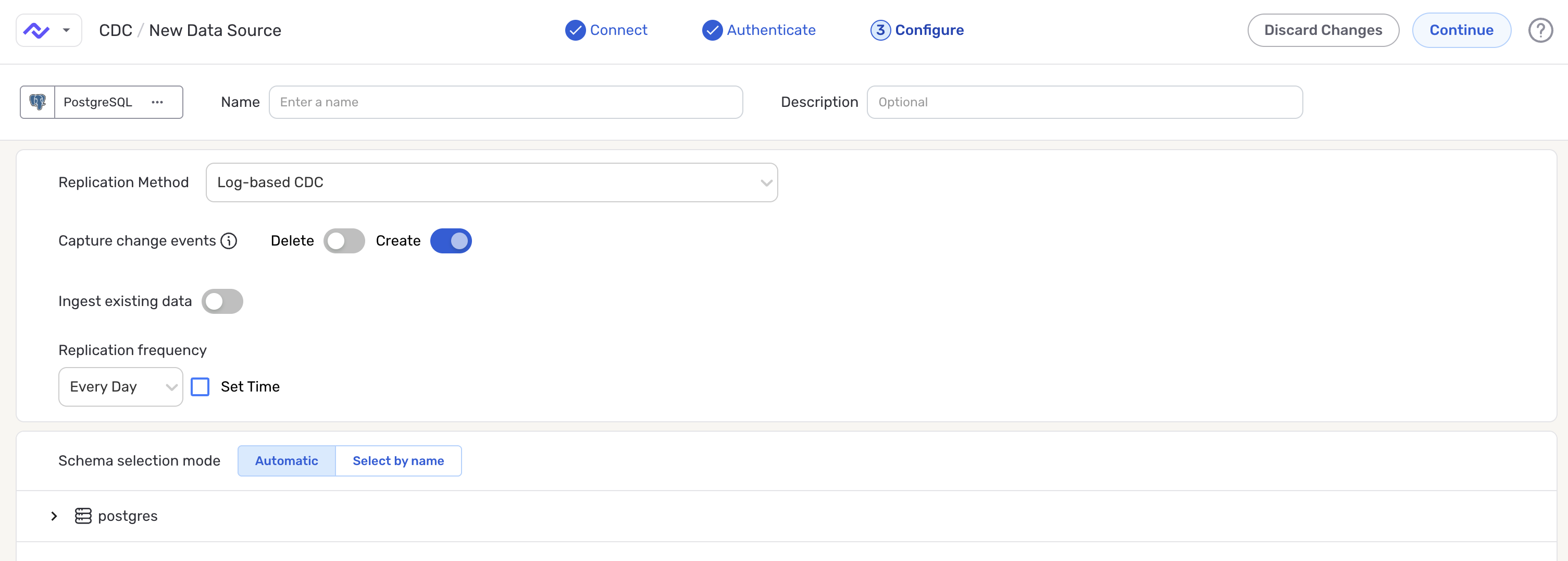 PostgreSQL source configuration with replication method, capture options, schedule, and schema selection