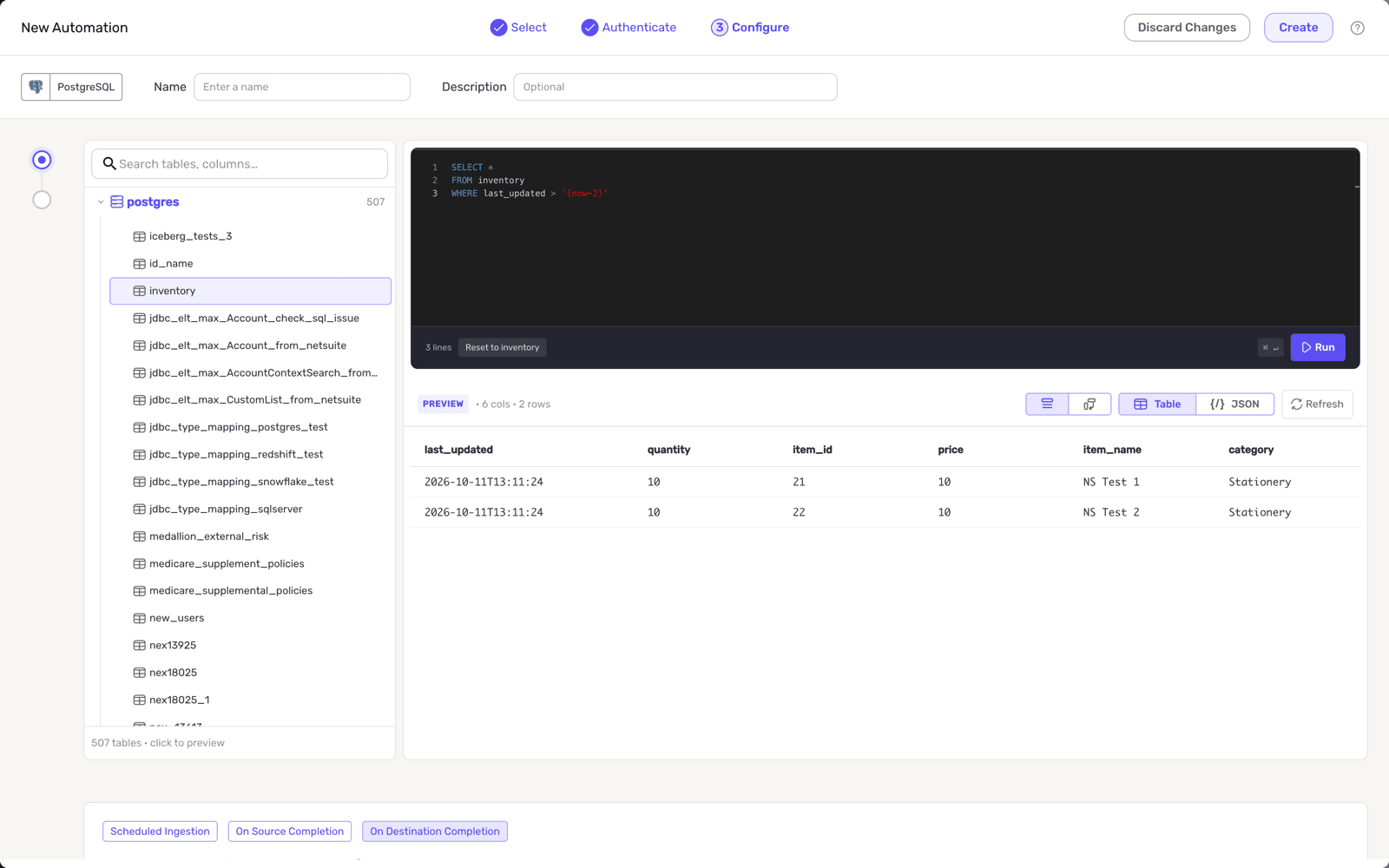Configure step with the schema browser on the left, the SQL editor and the query results below it