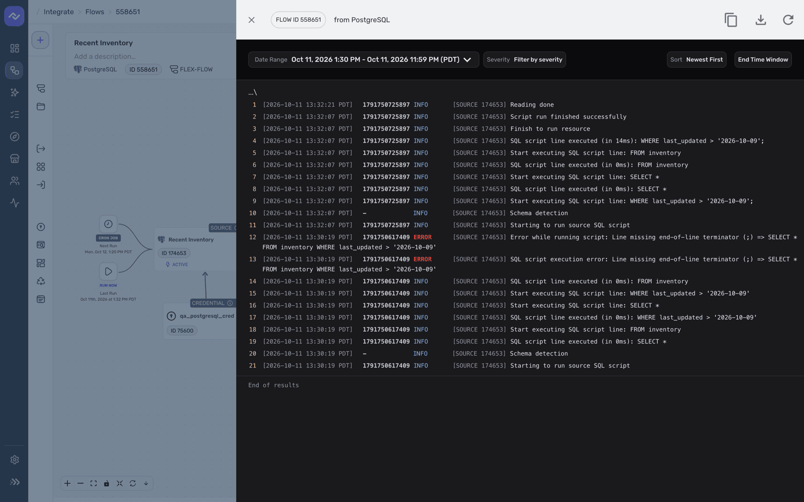 The full log viewer showing a failed run followed by a successful run