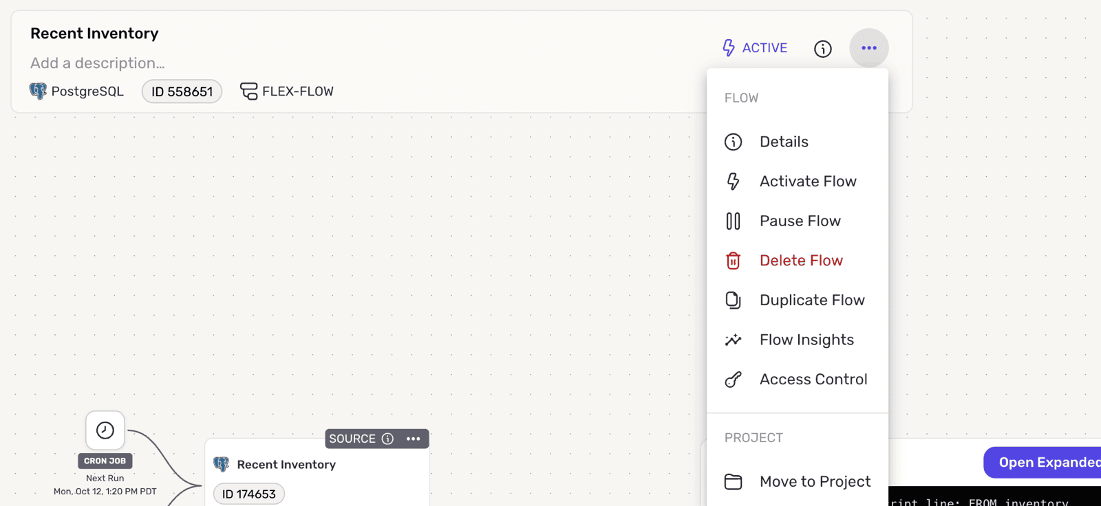 The flow menu for a SQL automation