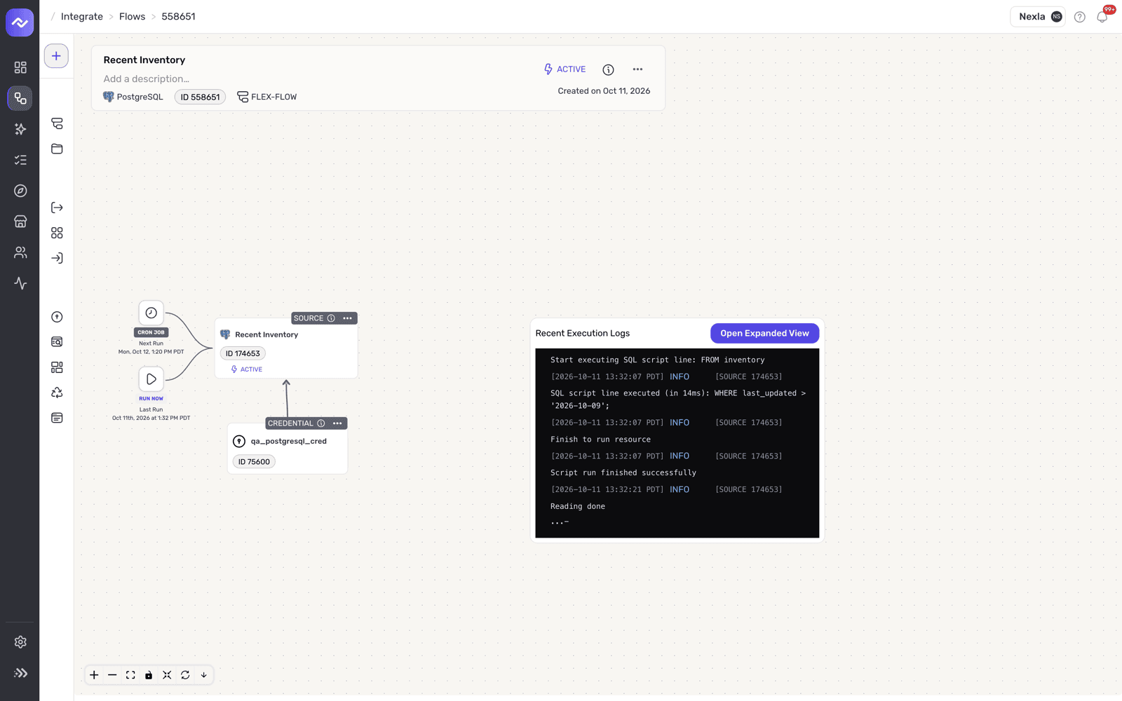 Flow view of a SQL automation with the Cron Job and Run Now nodes, the credential and the Recent Execution Logs panel
