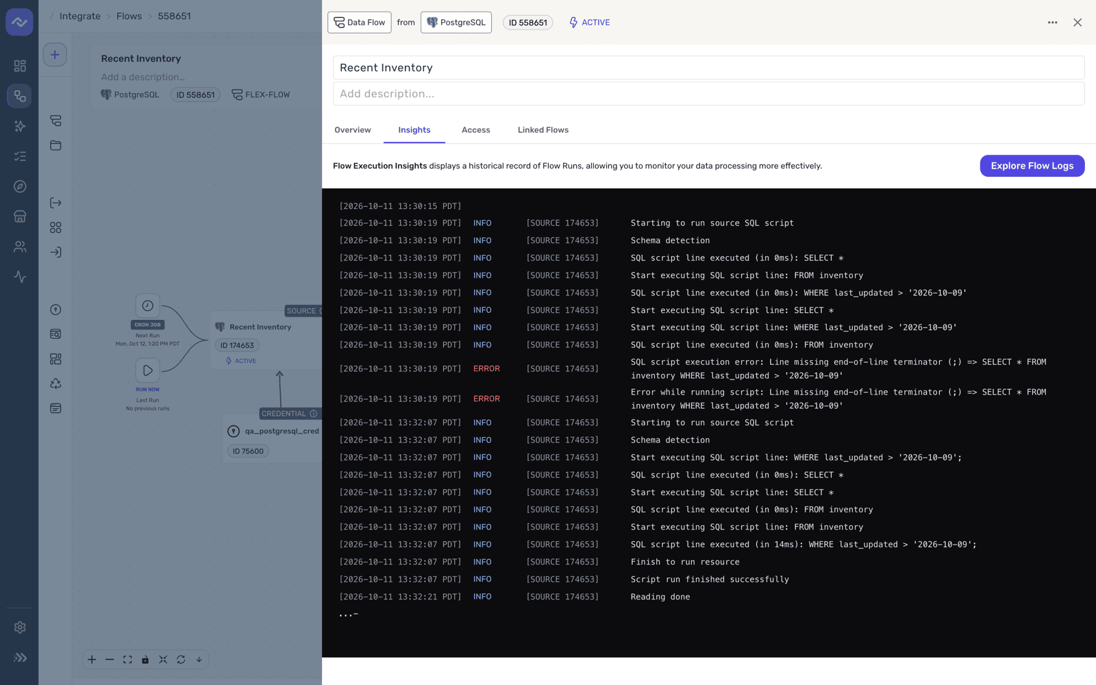 Insights tab for a SQL automation showing the execution log for two runs