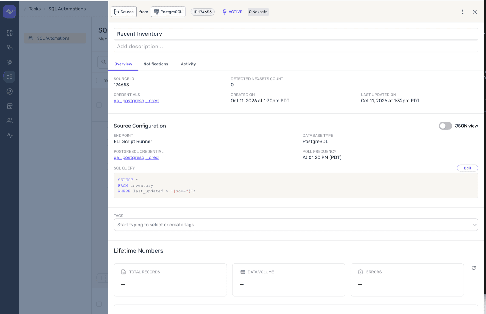 Overview tab for a SQL automation showing its credential, schedule and SQL query