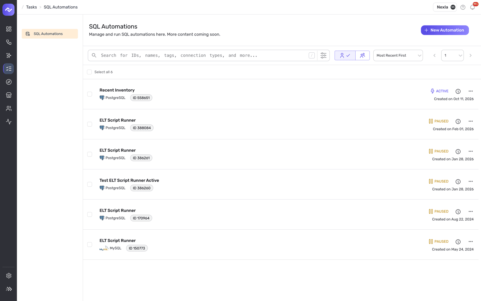 The SQL Automations page under Tasks, listing automations with their database type, ID and status